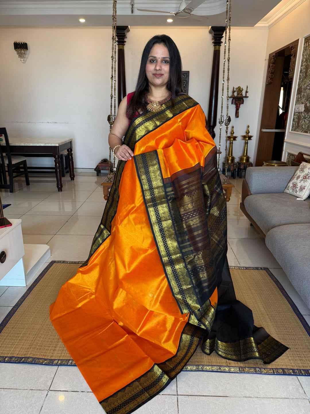 Mambazha Manjal with Black Lakshadeepam traditional borders ,zari butta in the body  and grand Pallu Korvai Silk Cotton Saree