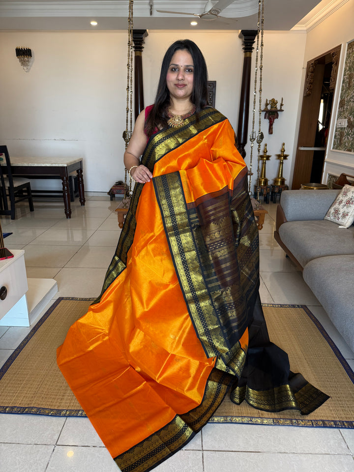 Mambazha Manjal with Black Lakshadeepam traditional borders ,zari butta in the body  and grand Pallu Korvai Silk Cotton Saree
