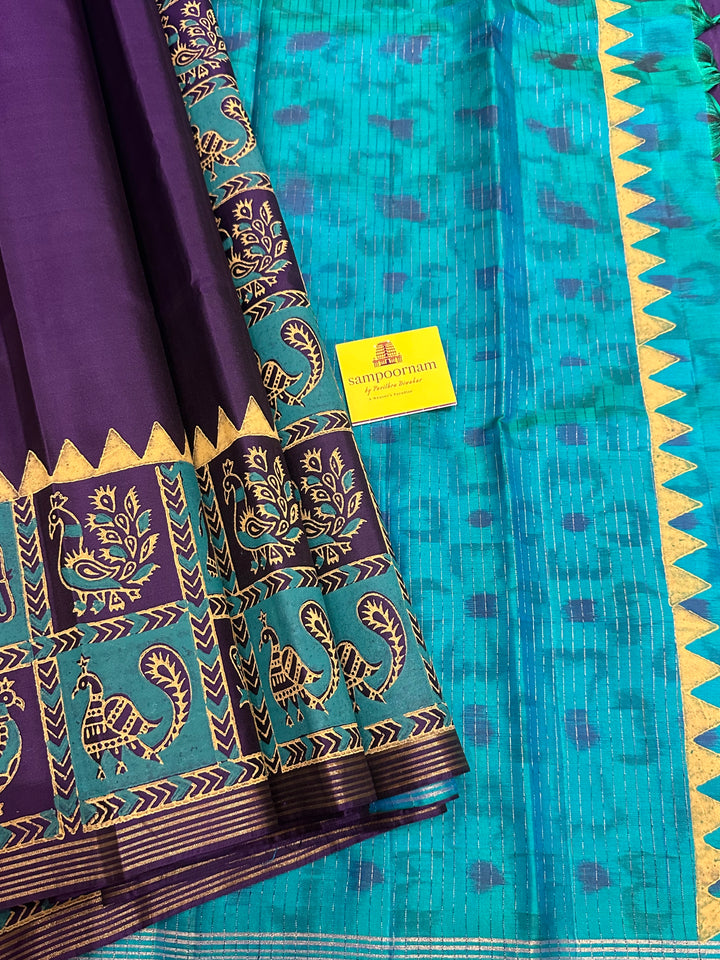 Purple with Turquoise Blue , Handblock Printed Annam and Elephant Border with Pochampally Blouse and Pallu Pure Soft Silk Saree