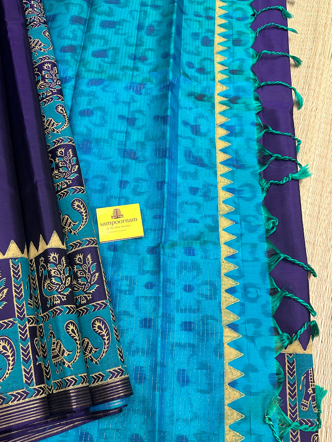 Purple with Turquoise Blue , Handblock Printed Annam and Elephant Border with Pochampally Blouse and Pallu Pure Soft Silk Saree