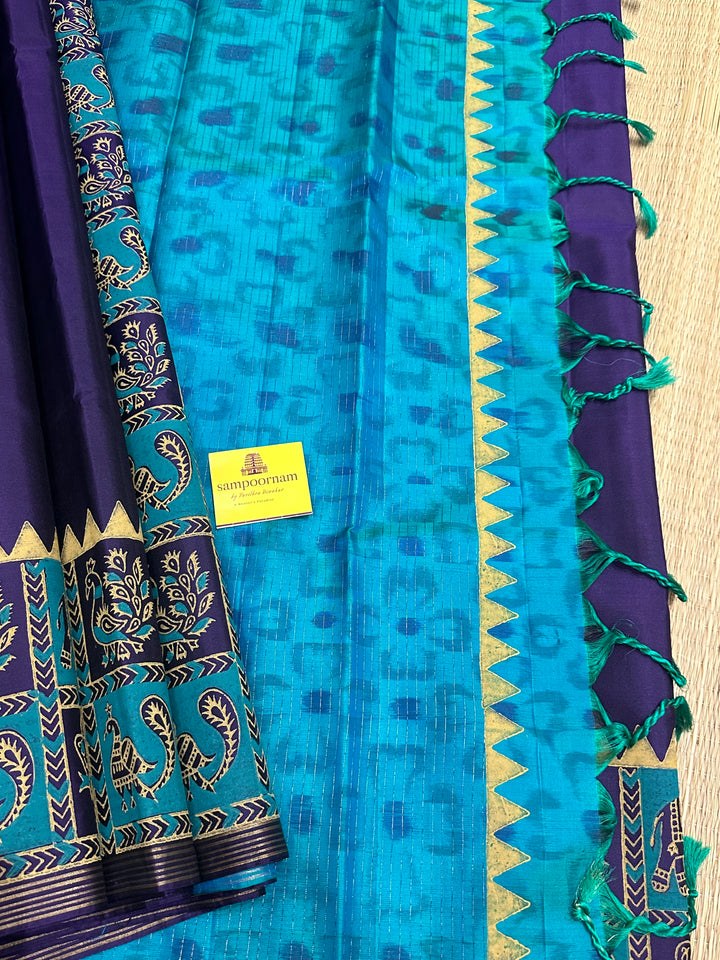 Purple with Turquoise Blue , Handblock Printed Annam and Elephant Border with Pochampally Blouse and Pallu Pure Soft Silk Saree