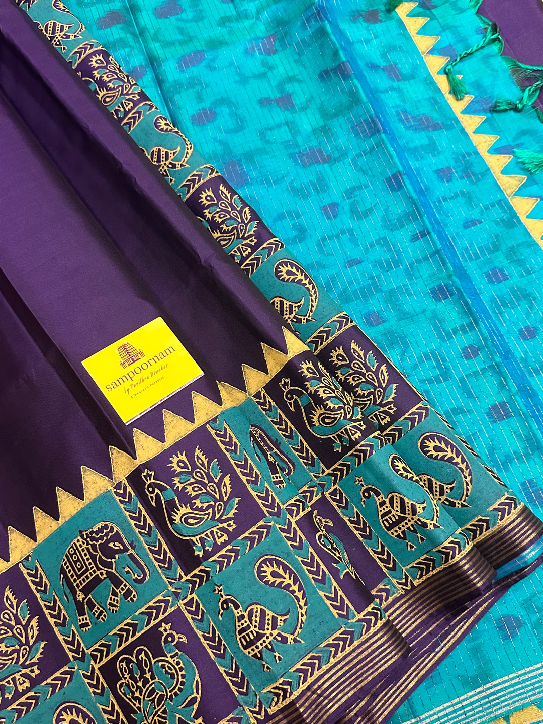 Purple with Turquoise Blue , Handblock Printed Annam and Elephant Border with Pochampally Blouse and Pallu Pure Soft Silk Saree