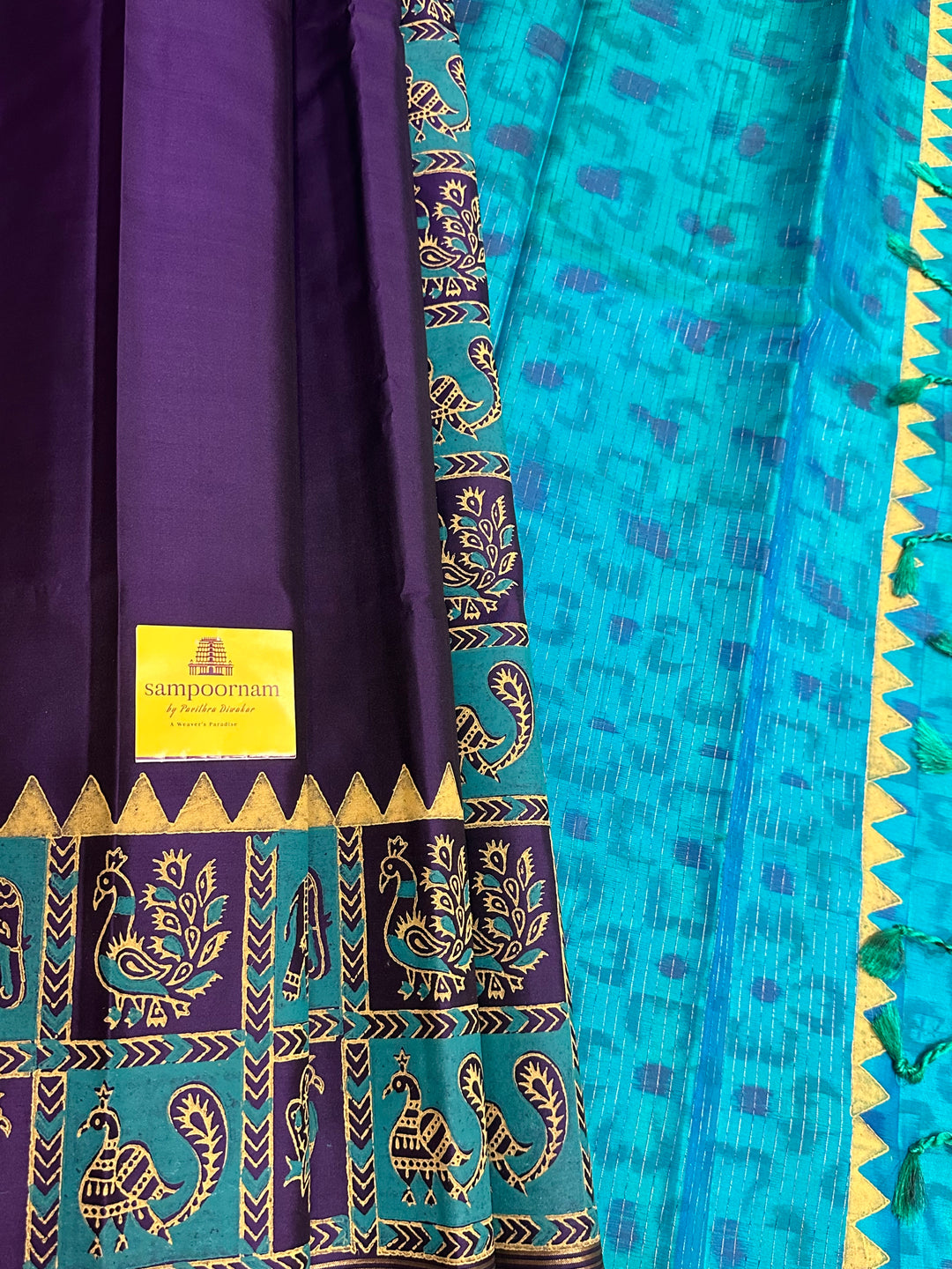 Purple with Turquoise Blue , Handblock Printed Annam and Elephant Border with Pochampally Blouse and Pallu Pure Soft Silk Saree