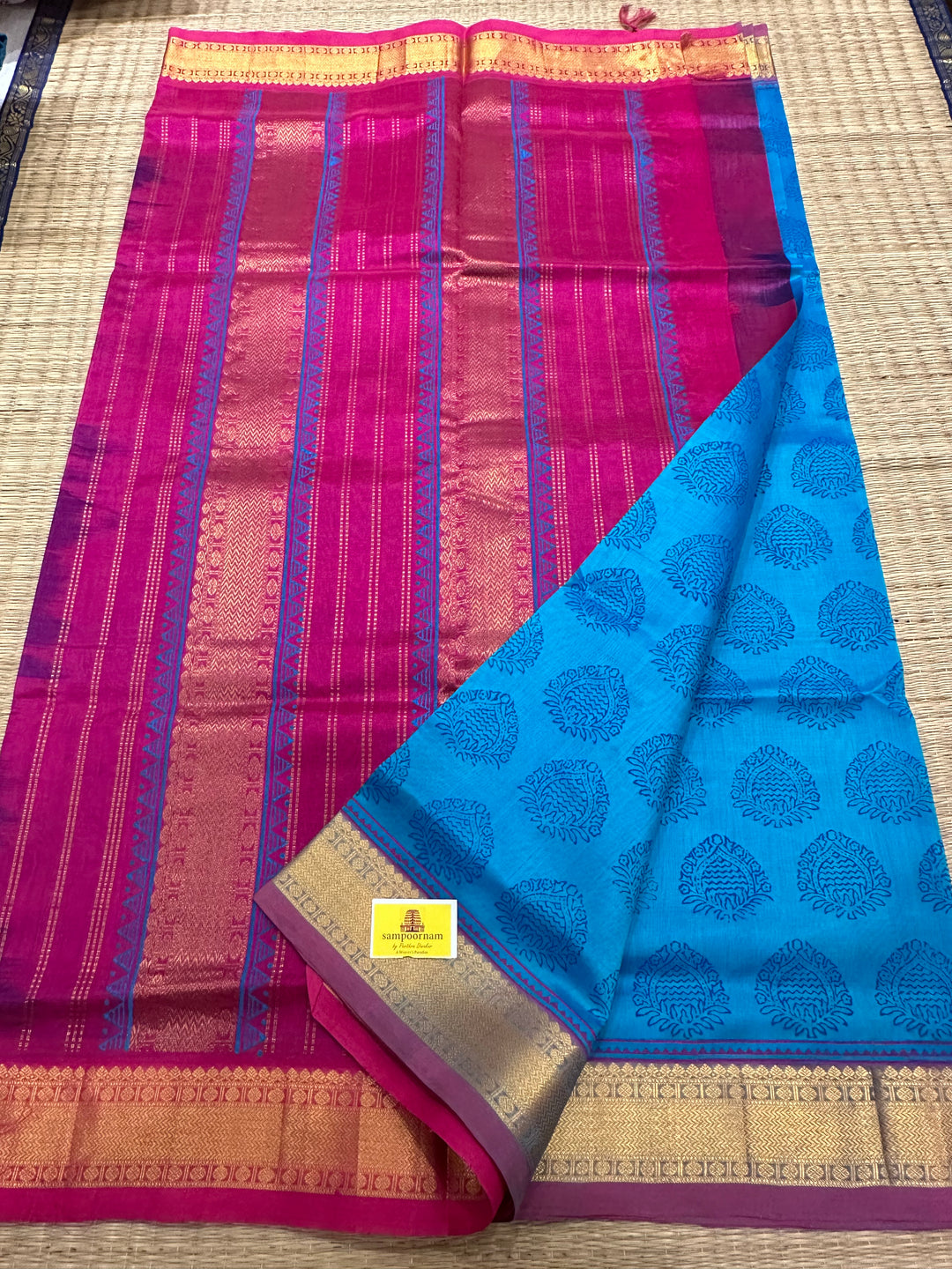 Blue with Pink Allover Handblock Printed Silk Cotton Saree