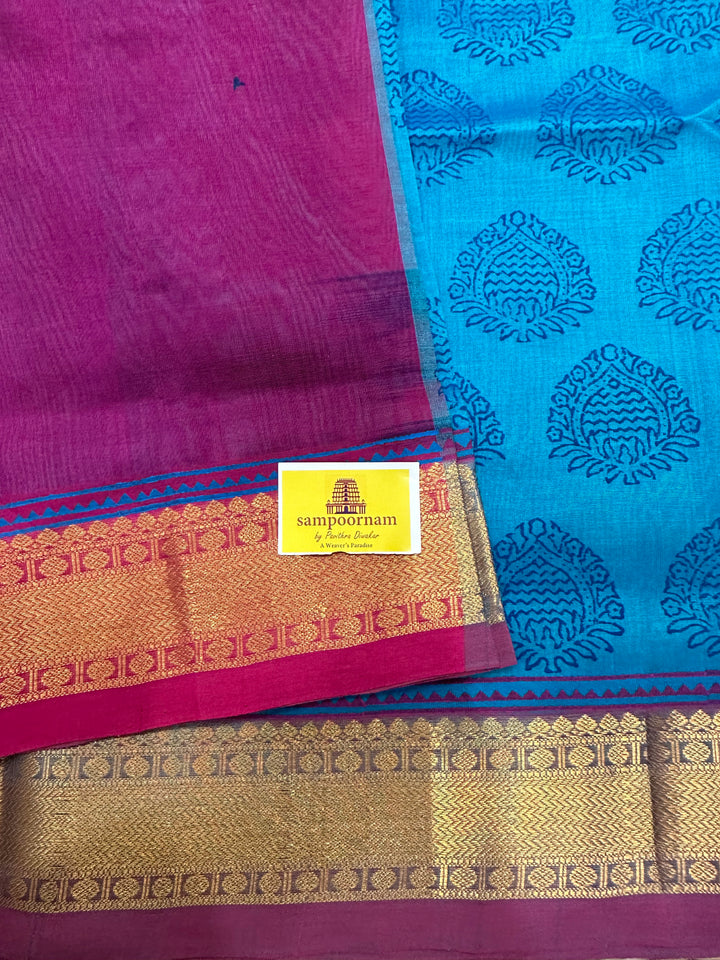 Blue with Pink Allover Handblock Printed Silk Cotton Saree