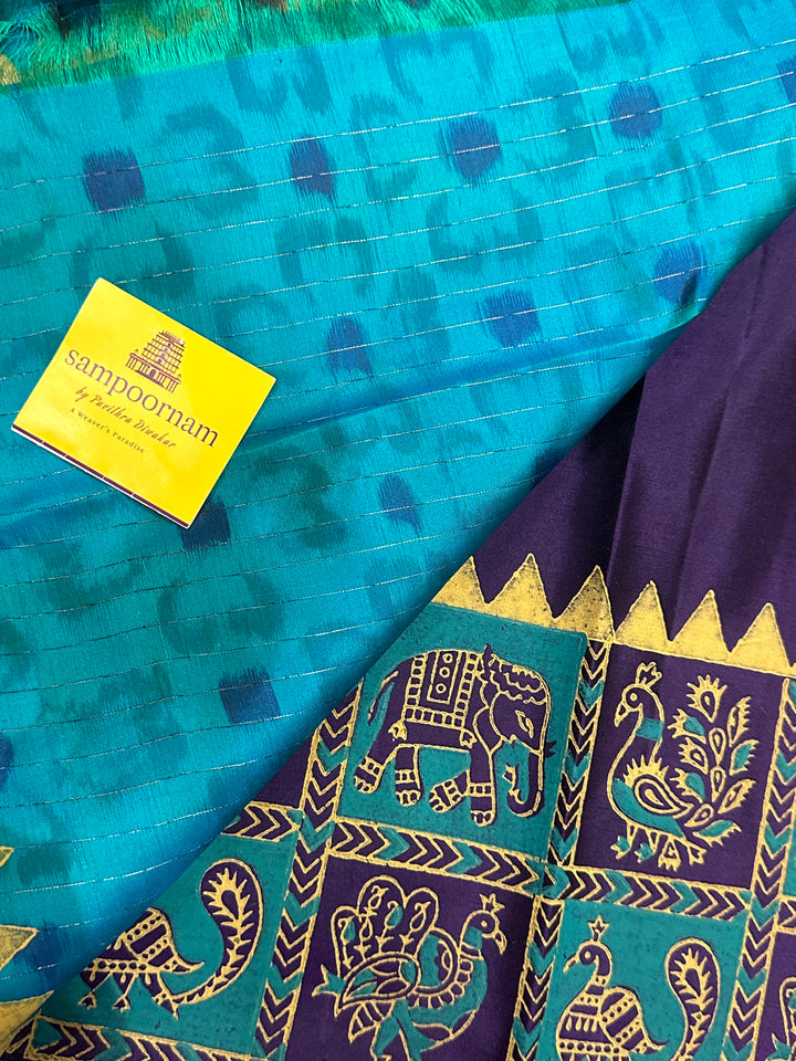 Purple with Turquoise Blue , Handblock Printed Annam and Elephant Border with Pochampally Blouse and Pallu Pure Soft Silk Saree