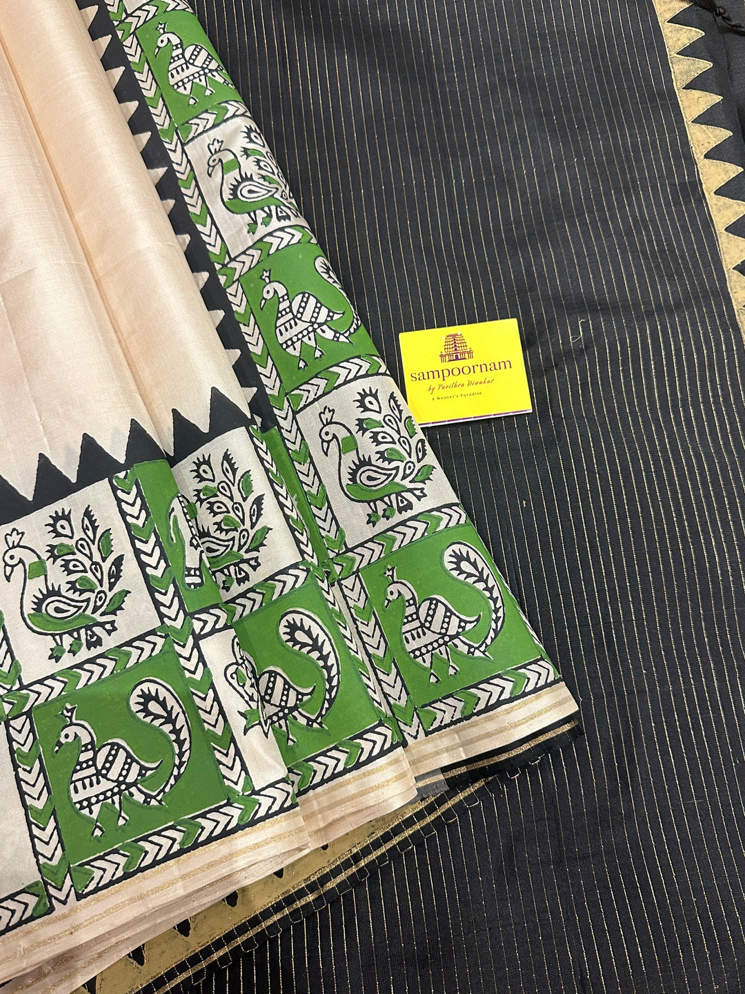 Offwhite with Black Handblock Printed Annam and Elephant Border with Vairaoosi blouse and Pallu Pure Soft Silk Saree