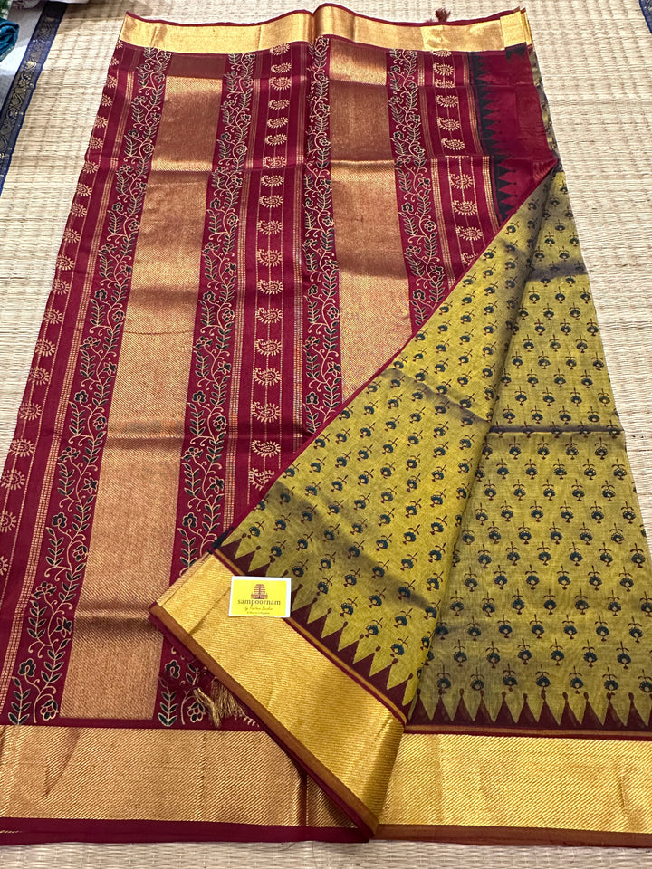 Dark Fenugreen with Red All over Handblock Printed Silk Cotton Saree