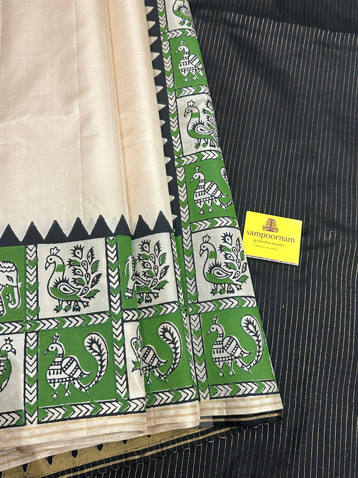 Offwhite with Black Handblock Printed Annam and Elephant Border with Vairaoosi blouse and Pallu Pure Soft Silk Saree