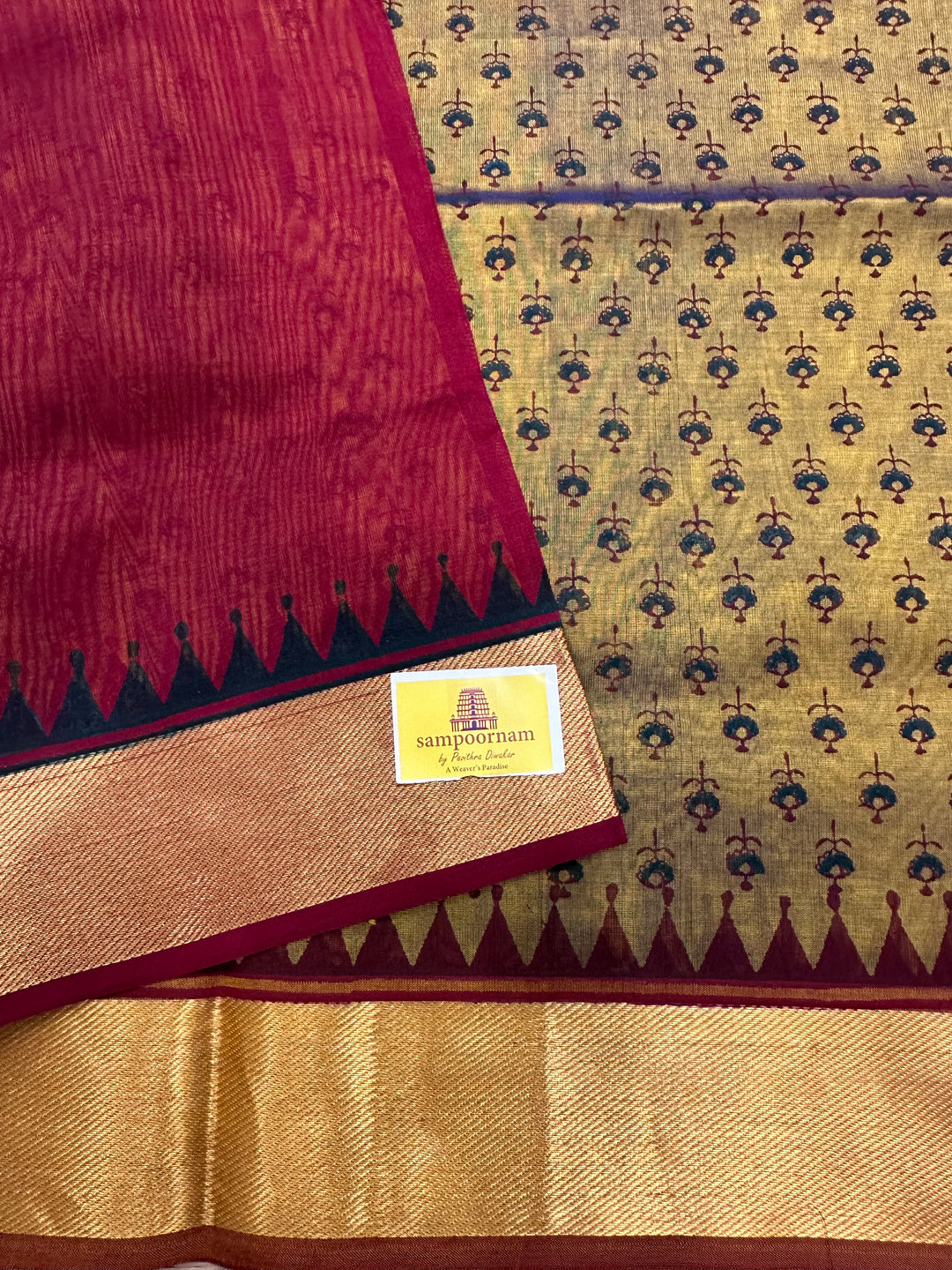 Dark Fenugreen with Red All over Handblock Printed Silk Cotton Saree