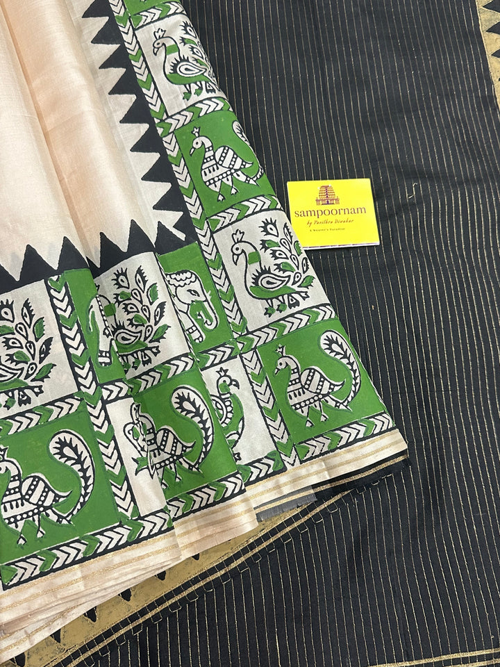 Offwhite with Black Handblock Printed Annam and Elephant Border with Vairaoosi blouse and Pallu Pure Soft Silk Saree