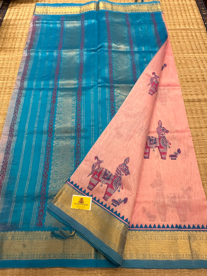 Baby Pink with Blue Terracota Motif Handblock Printed Silk Cotton Saree