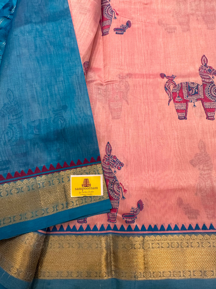 Baby Pink with Blue Terracota Motif Handblock Printed Silk Cotton Saree