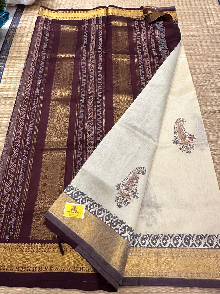 Offwhite with Brown Handblock Printed Silk Cotton Saree