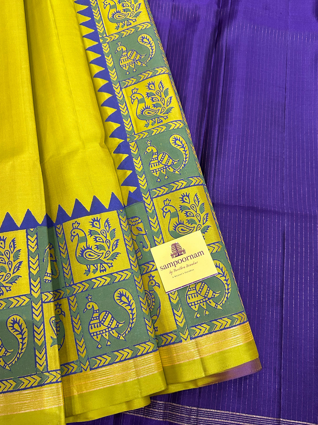 Lemon Yellow with Purple Annam and Elephant Handblock Printed Border with Vairaoosi Pallu Pure Soft Silk Saree