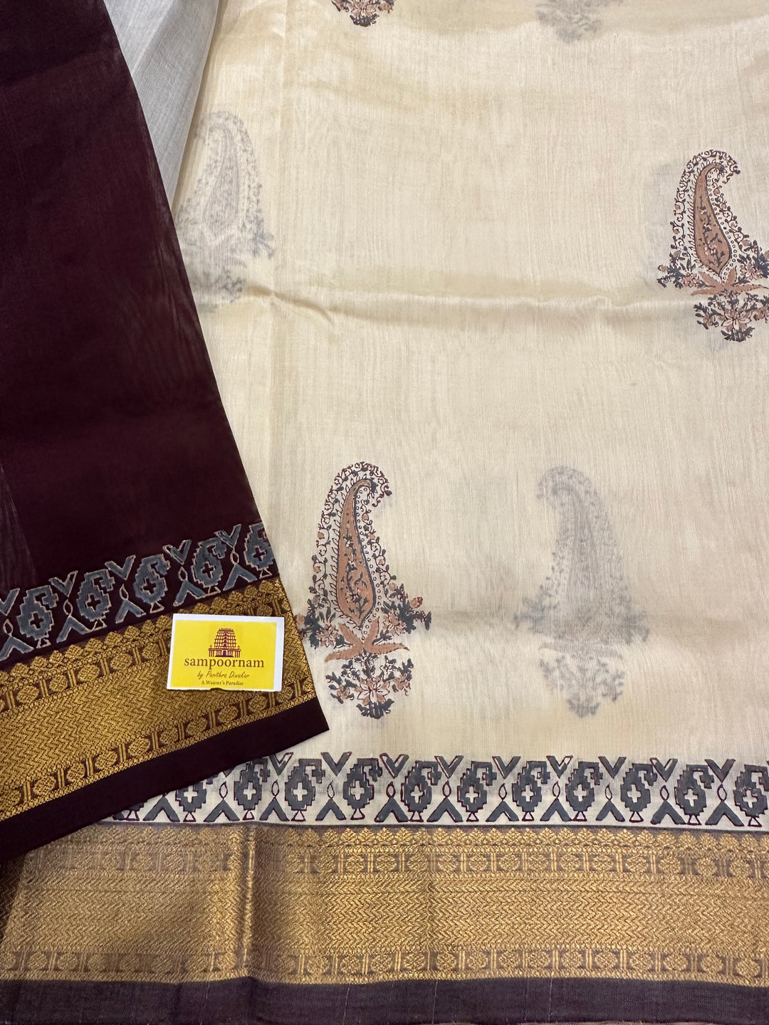 Offwhite with Brown Handblock Printed Silk Cotton Saree