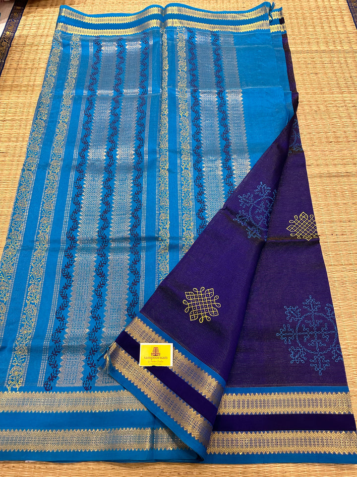 Blue with Blue Vairaoosi Rettapet Kolam Handblock Printed Silk Cotton Saree