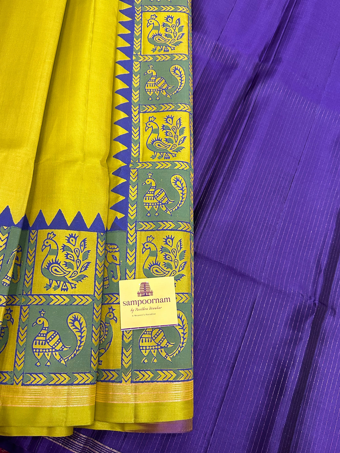 Lemon Yellow with Purple Annam and Elephant Handblock Printed Border with Vairaoosi Pallu Pure Soft Silk Saree