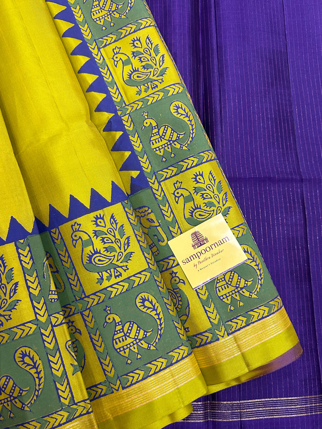 Lemon Yellow with Purple Annam and Elephant Handblock Printed Border with Vairaoosi Pallu Pure Soft Silk Saree