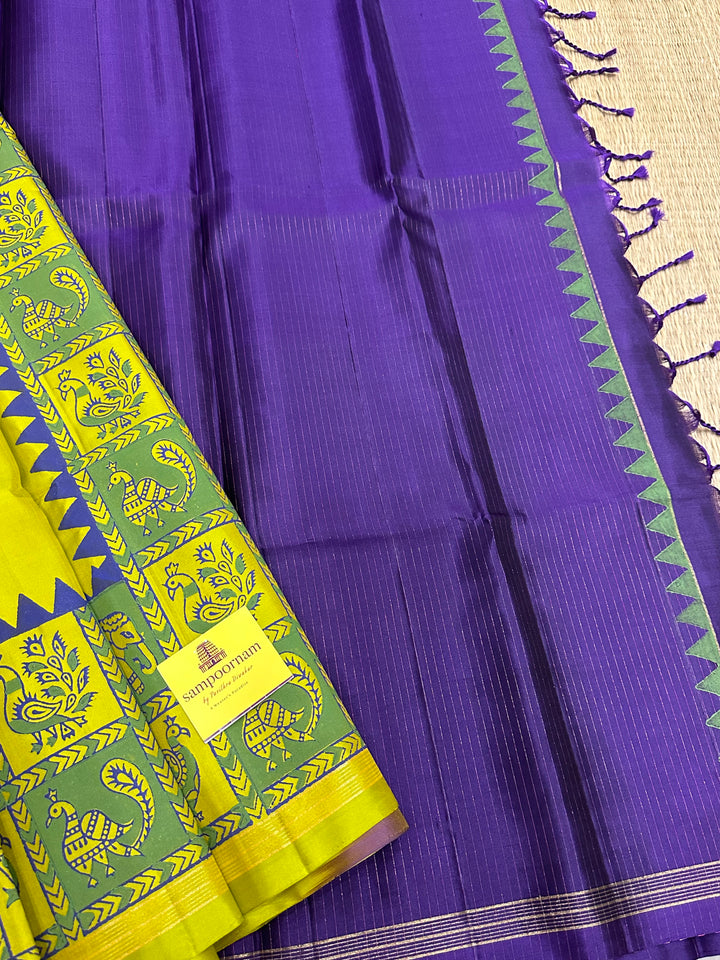 Lemon Yellow with Purple Annam and Elephant Handblock Printed Border with Vairaoosi Pallu Pure Soft Silk Saree