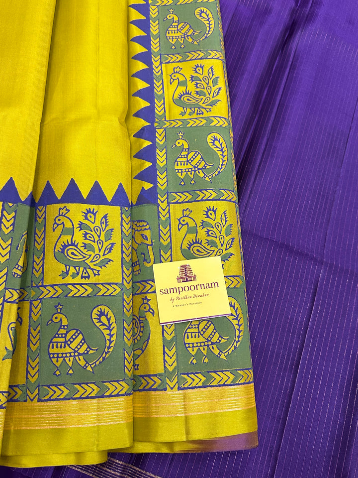 Lemon Yellow with Purple Annam and Elephant Handblock Printed Border with Vairaoosi Pallu Pure Soft Silk Saree