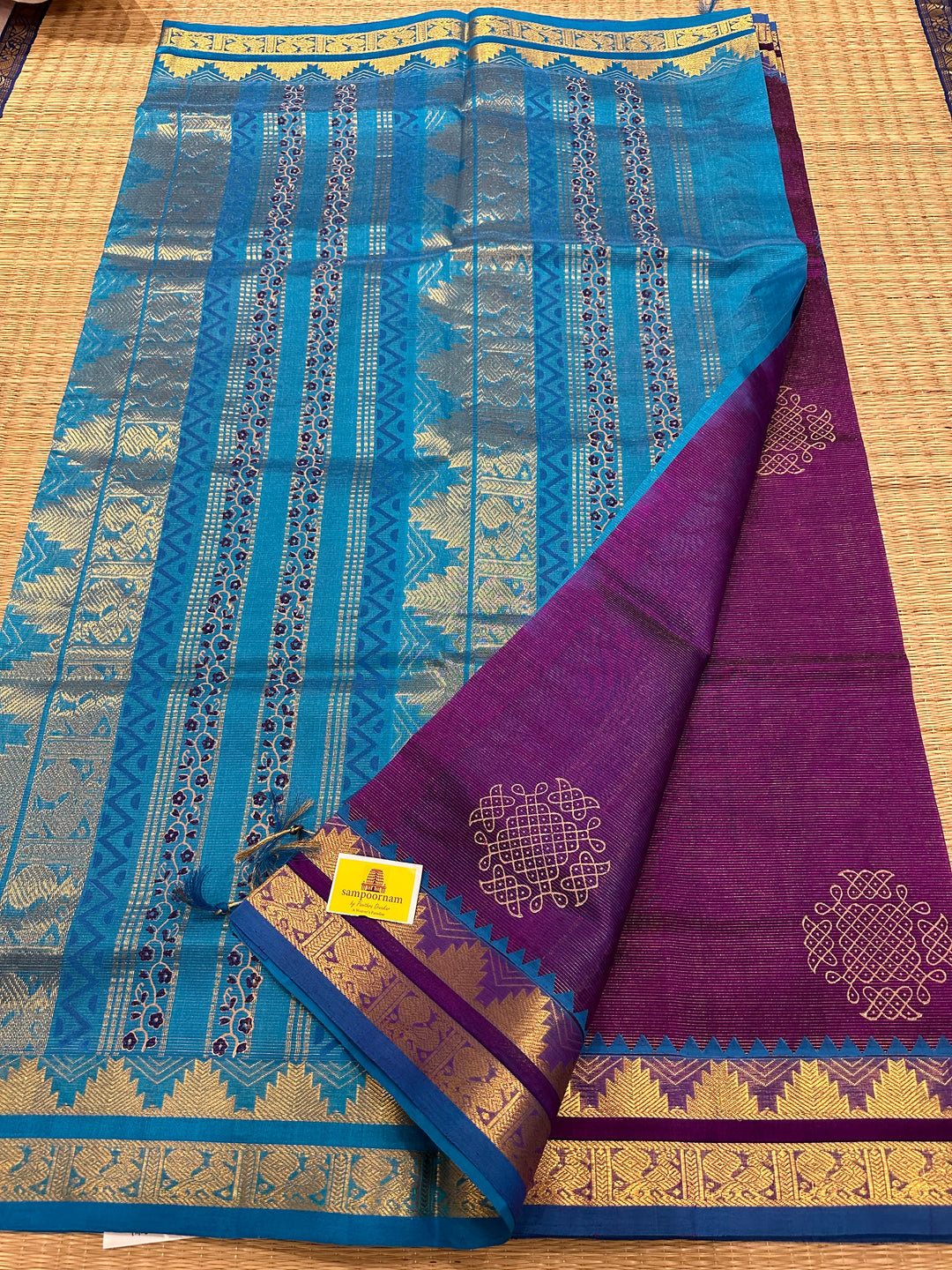 Purple with Blue Vairaoosi Rettapet Kolam Handblock Printed Silk Cotton Saree