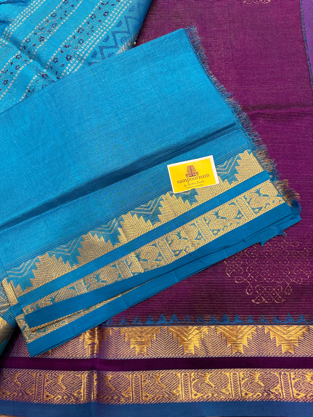 Purple with Blue Vairaoosi Rettapet Kolam Handblock Printed Silk Cotton Saree