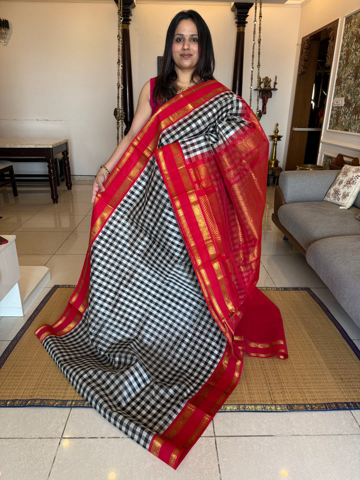 Black and White colour  checks with red , rettapet border and traditional rich Pallu Korvai Silk Cotton Saree