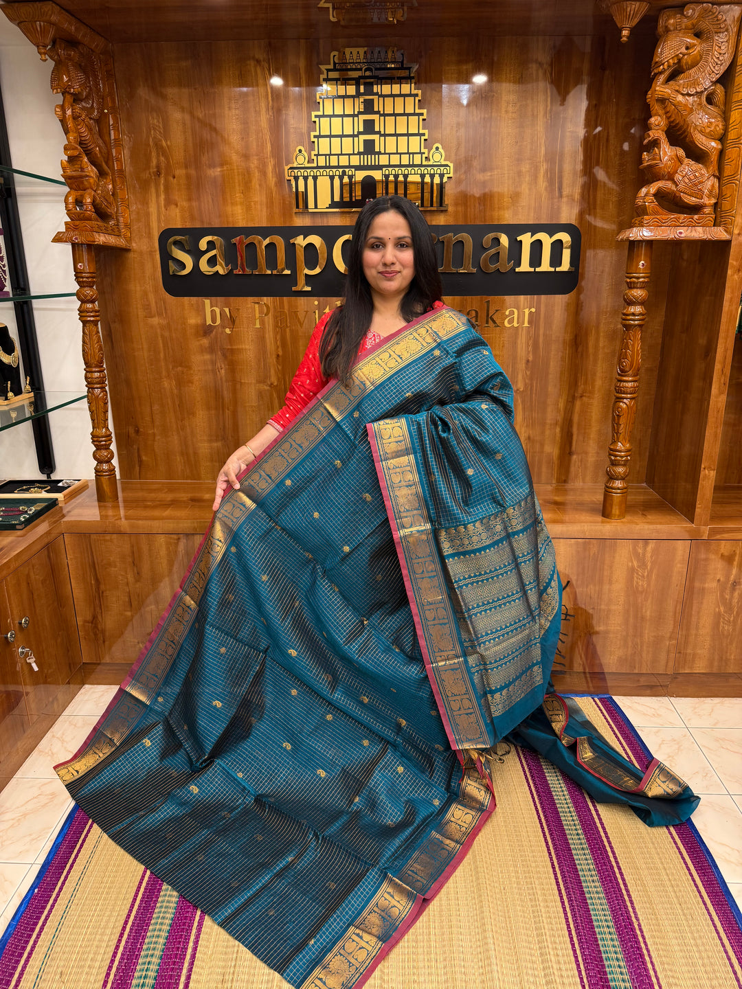 Mayilkazhuthu Blue with Red Selvedge, Podi Kattam in the Body, Rich Butta and Traditional Borders, Semi Silk Cotton Saree