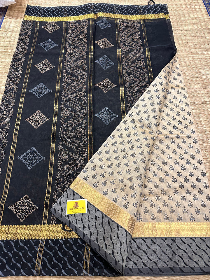 Offwhite with Black All Over Handblock Printed Silk Cotton Saree