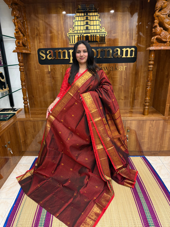Dark Maroon with Red Selvedge,Podi Zari Kattam in the Body, Rich Butta, Traditional Borders and Rich Pallu Semi Silk Cotton Saree