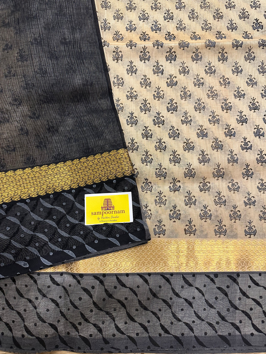 Offwhite with Black All Over Handblock Printed Silk Cotton Saree