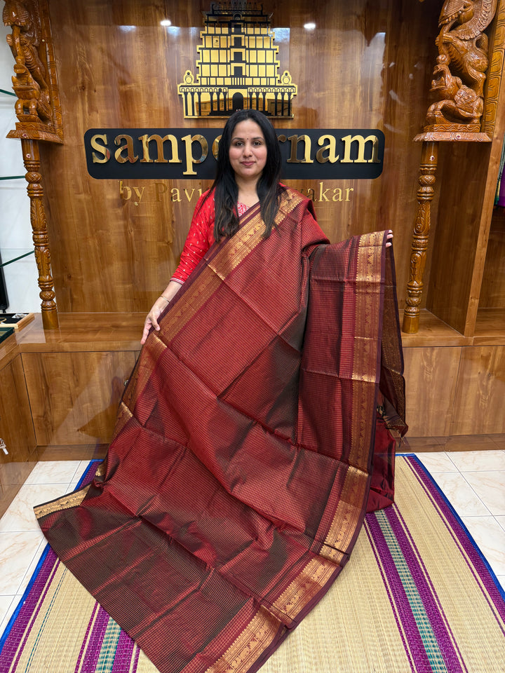 Dark Maroon Podi Kattam in the Body, traditional Borders and Rich Pallu Korvai Silk Cotton Saree