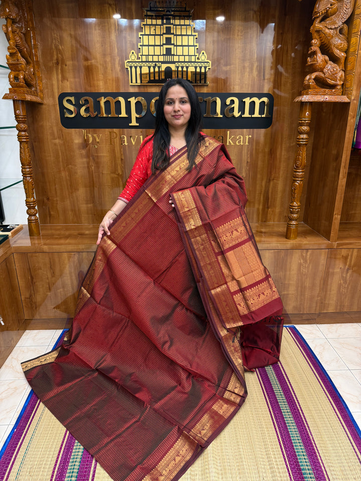 Dark Maroon Podi Kattam in the Body, traditional Borders and Rich Pallu Korvai Silk Cotton Saree