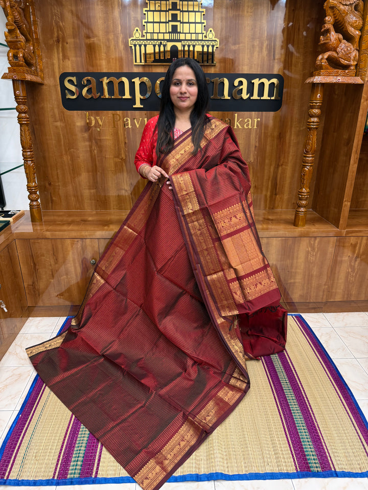 Dark Maroon Podi Kattam in the Body, traditional Borders and Rich Pallu Korvai Silk Cotton Saree