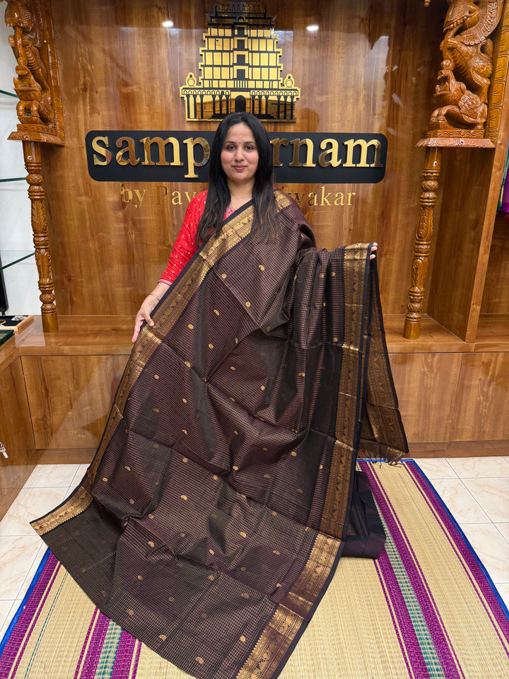 Dark Brown With Rich Zari Butta in the Body, Zari Kattam , Traditional Rich Borders and Rich Pallu Semi Silk Cotton Saree