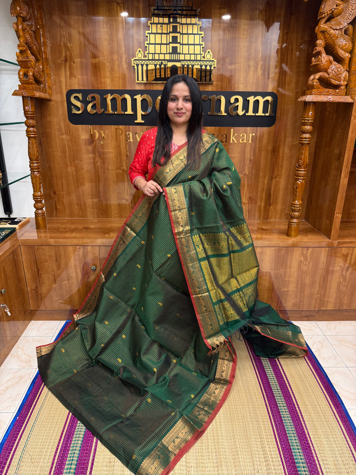 Green with Red Selvedge ,Podi Zari Kattam in the Body, Traditional Borders and Rich Pallu Semi Silk Cotton Saree