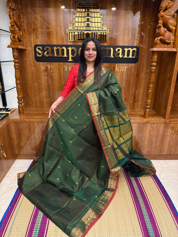 Green with Red Selvedge ,Podi Zari Kattam in the Body, Traditional Borders and Rich Pallu Semi Silk Cotton Saree