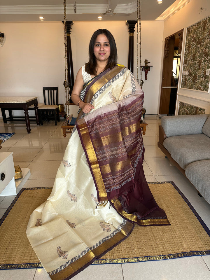 Offwhite with Brown Handblock Printed Silk Cotton Saree