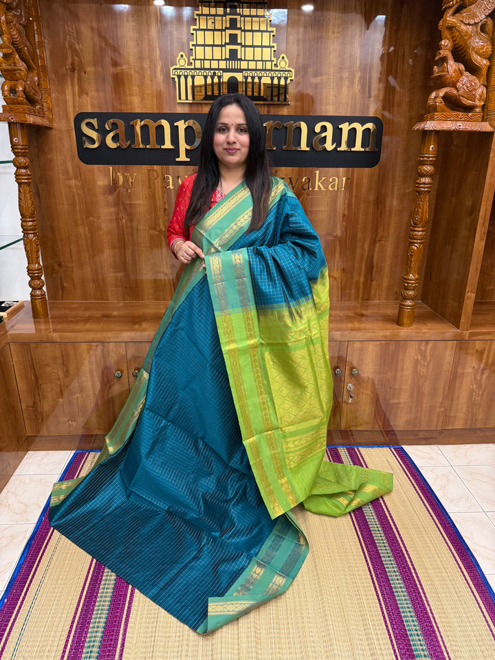 Blue with Lemon Green , Zari Kattam in the Body, Traditional Rettapet Borders and Rich Pallu Semi Silk Cotton Saree