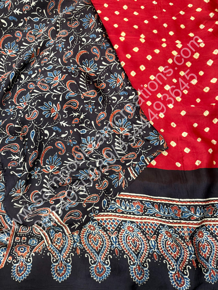 Red with Black, Bandhini hand dye Prints in the Body, Ajrakh Handblock Print in the Border and Pallu , Pure Modal Silk Saree