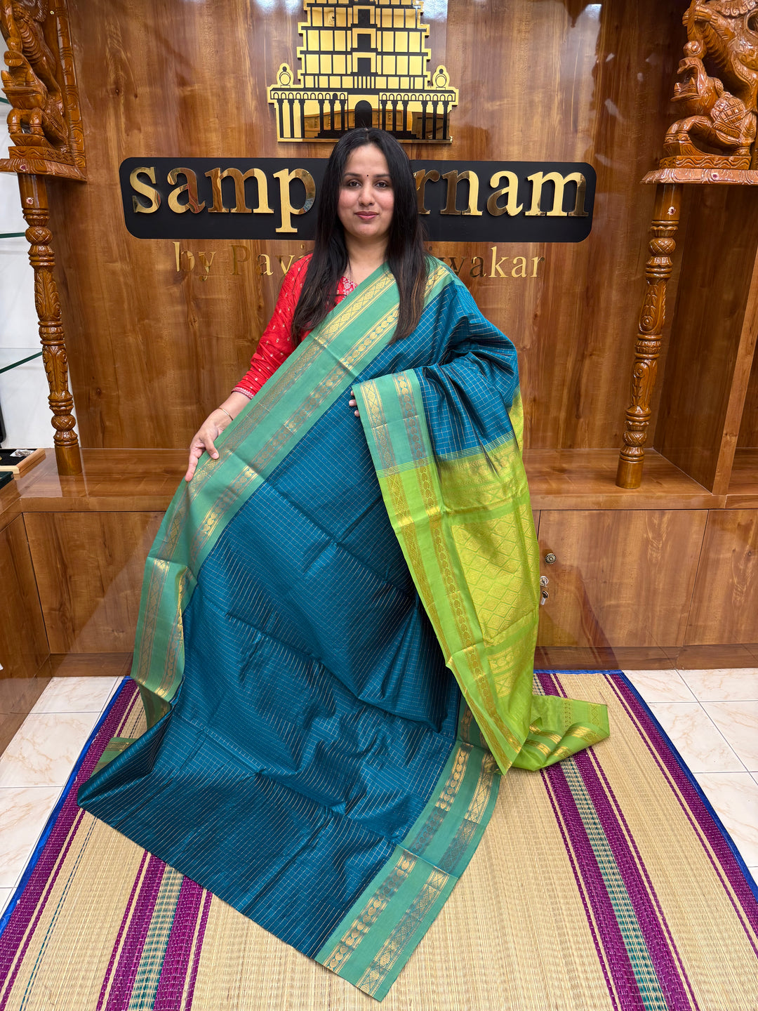 Blue with Lemon Green , Zari Kattam in the Body, Traditional Rettapet Borders and Rich Pallu Semi Silk Cotton Saree