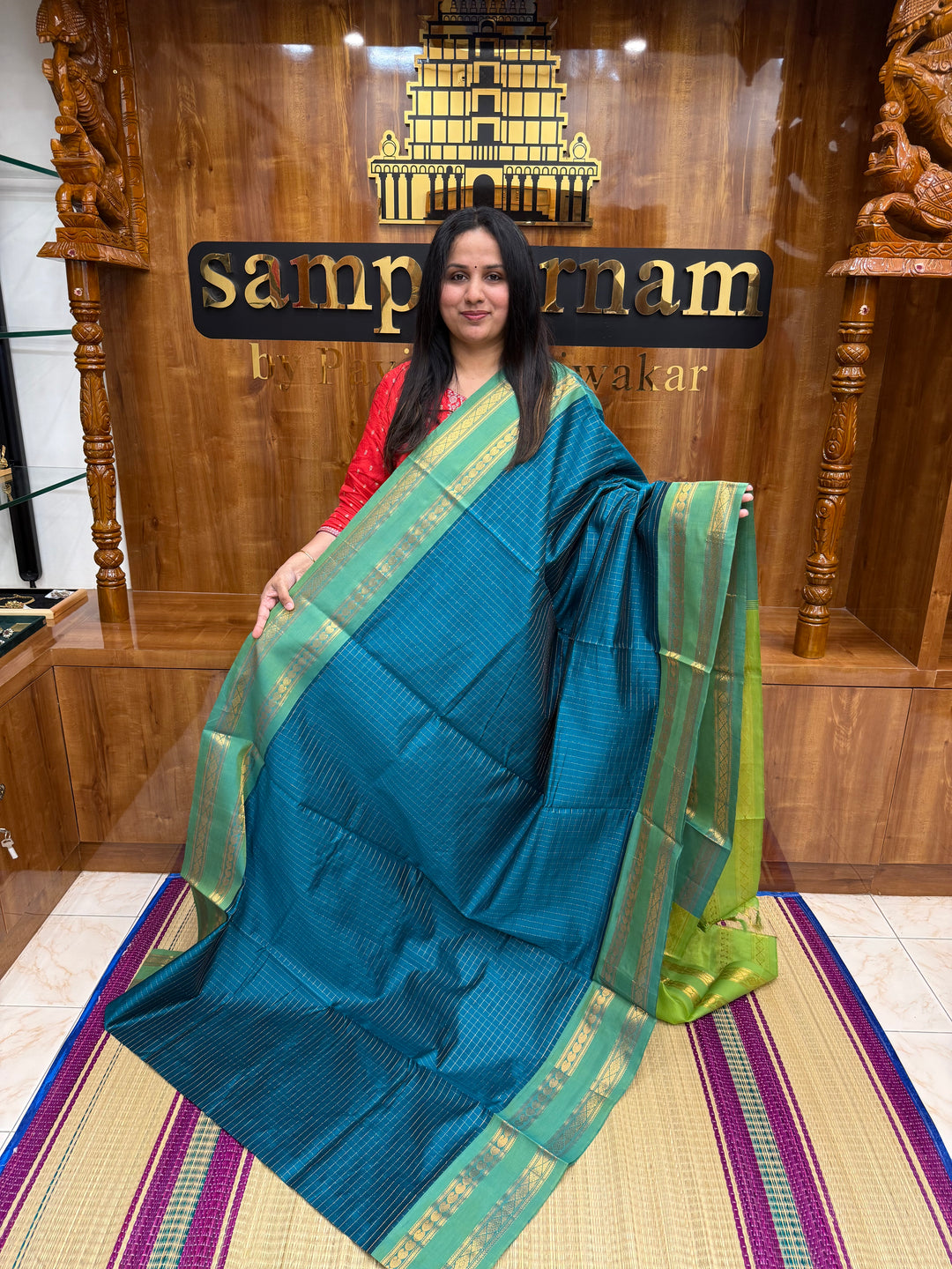 Blue with Lemon Green , Zari Kattam in the Body, Traditional Rettapet Borders and Rich Pallu Semi Silk Cotton Saree