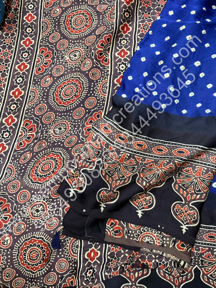 Blue with Black, Grey Pallu and Blouse, Bandhini hand dye Prints in the Body, Ajrakh Handblock Print in the Border and Pallu , Pure Modal Silk Saree