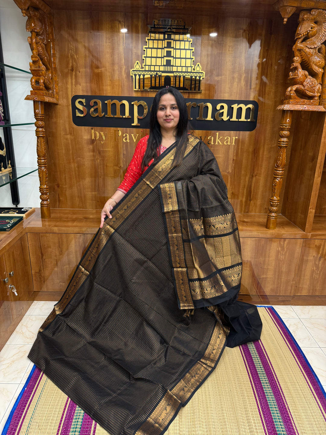 Black, Podi Zari Kattam in the Body, Traditional Borders and Rich Pallu Semi Silk Cotton Saree