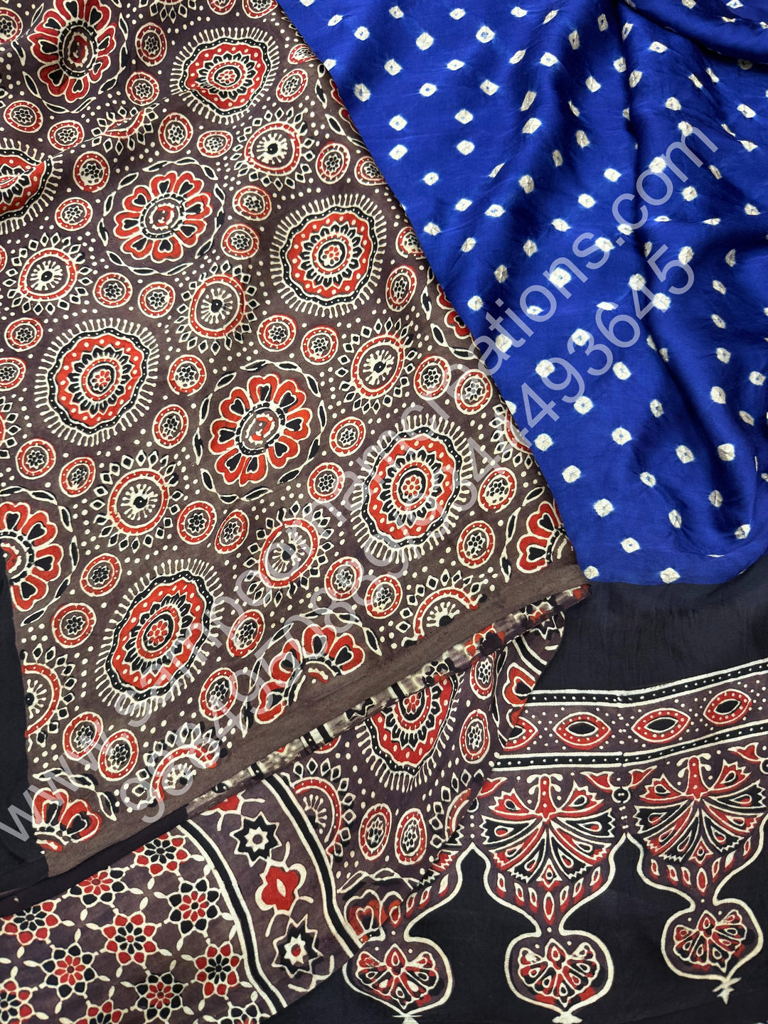 Blue with Black, Grey Pallu and Blouse, Bandhini hand dye Prints in the Body, Ajrakh Handblock Print in the Border and Pallu , Pure Modal Silk Saree