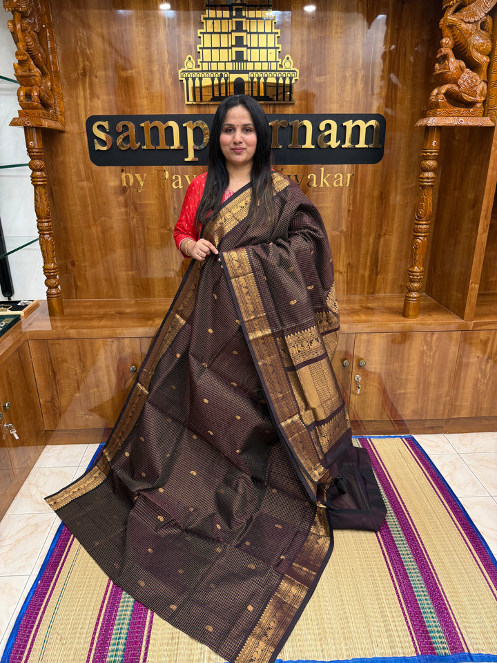 Dark Brown With Rich Zari Butta in the Body, Zari Kattam , Traditional Rich Borders and Rich Pallu Semi Silk Cotton Saree