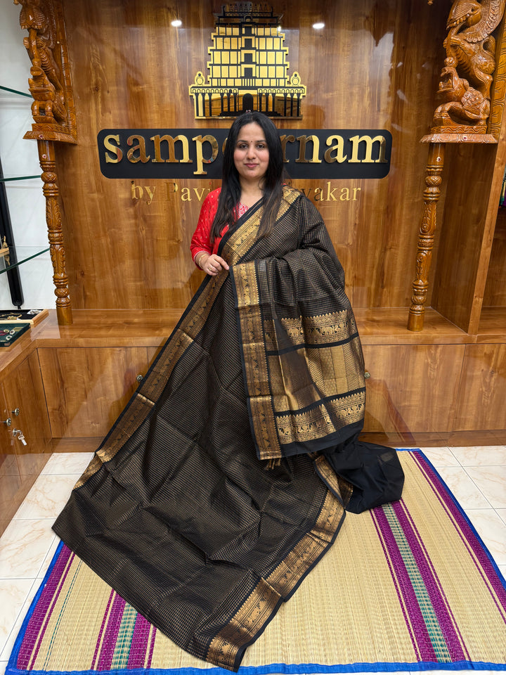 Black, Podi Zari Kattam in the Body, Traditional Borders and Rich Pallu Semi Silk Cotton Saree