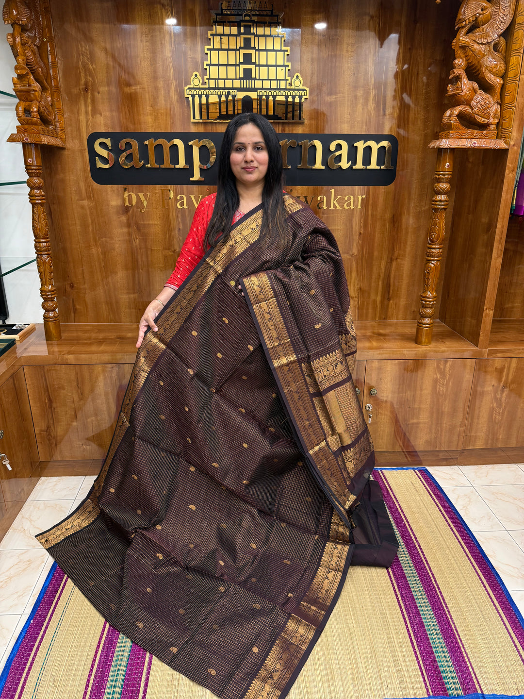 Dark Brown With Rich Zari Butta in the Body, Zari Kattam , Traditional Rich Borders and Rich Pallu Semi Silk Cotton Saree