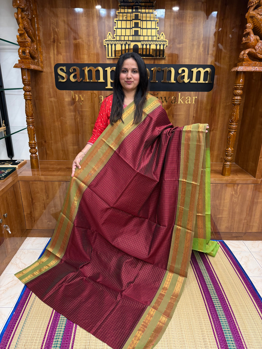 Maroon with Leaf Green, Zari Kattam in the Body, Traditional Rettapet Borders and Rich Pallu Semi Silk Cotton Saree